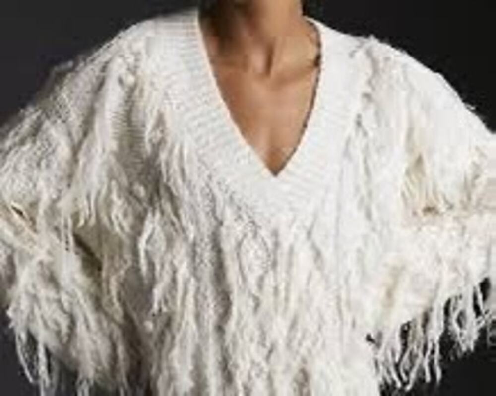 Anthropologie Fringed Pullover Sweater Oversized Ivory BOHO Shaggy Fringe Detail
